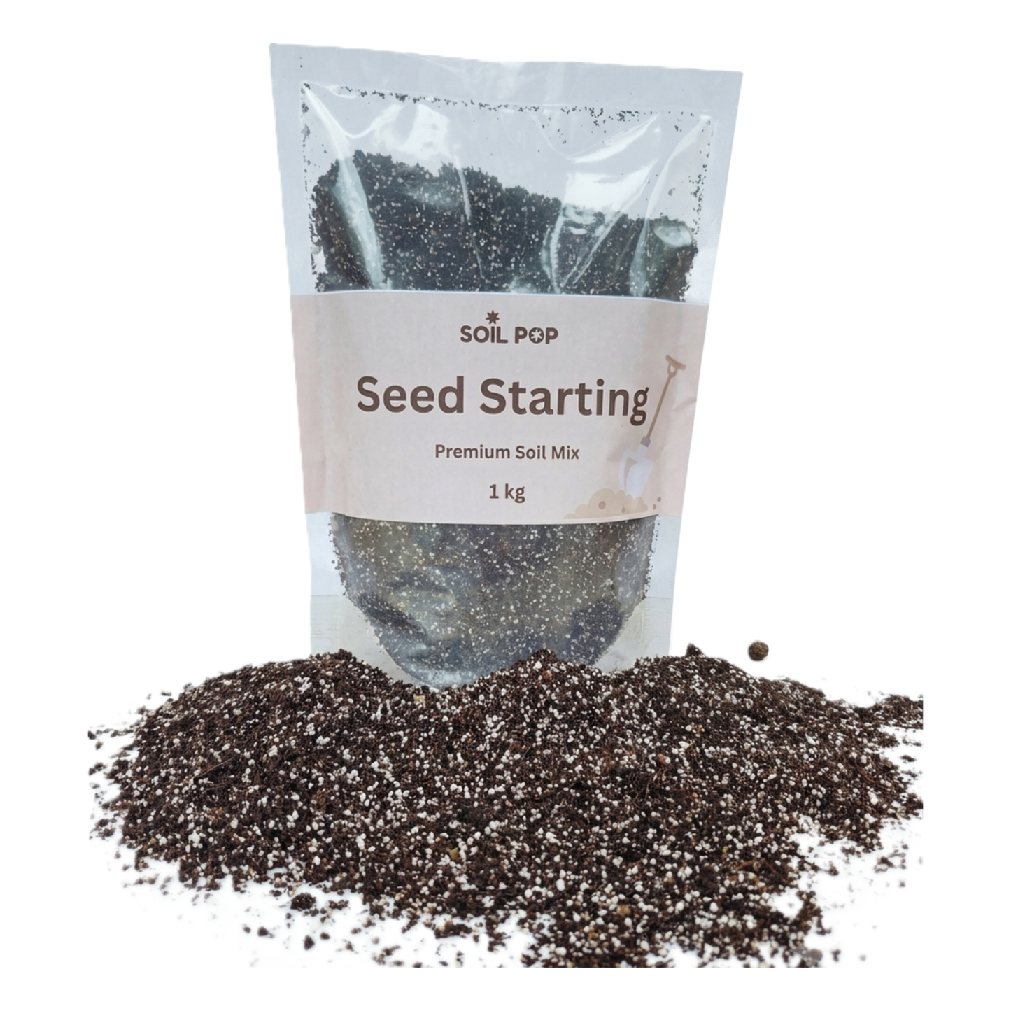 Soil Pop Seed Starting Mix 1kg pouch, premium soil mix packaging shot