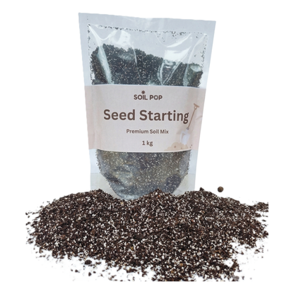 Soil Pop Seed Starting Mix 1kg pouch, premium soil mix packaging shot