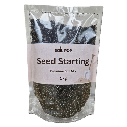 Soil Pop Seed Starting Mix 1kg pouch with loose cocopeat perlite soil blend in foreground